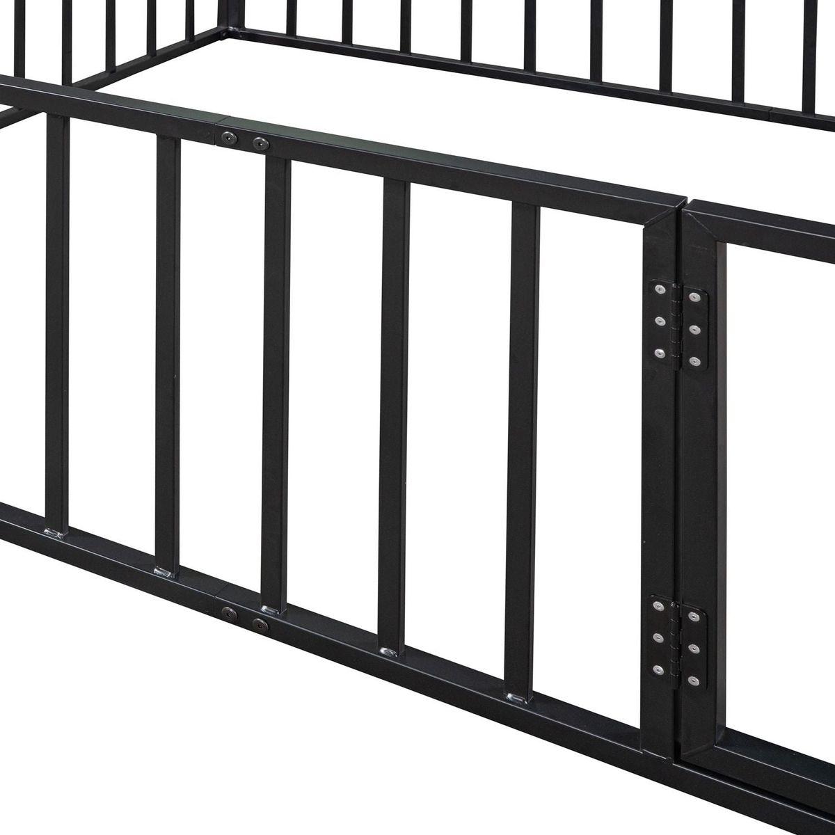 Queen Size Metal Floor Bed Frame with Fence and Door, Black