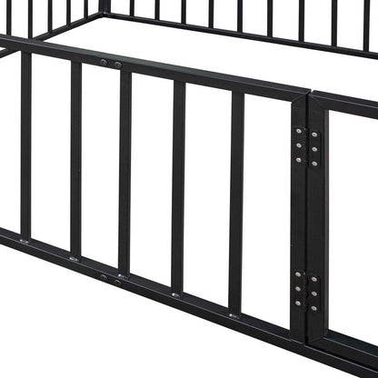 Queen Size Metal Floor Bed Frame with Fence and Door, Black