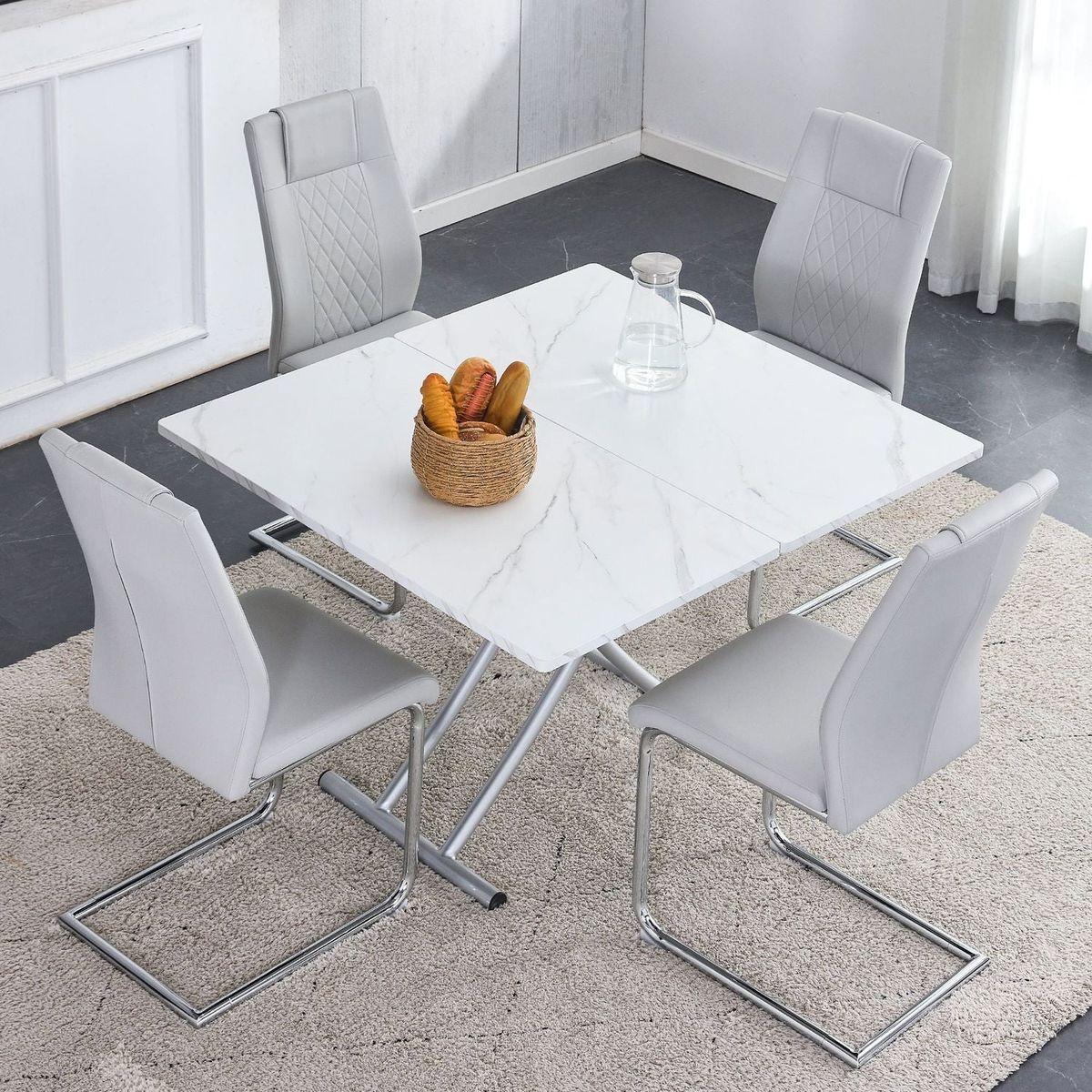 Modern minimalist multifunctional lifting platform, 0.8-inch white patterned sticker desktop, silver metal legs. Paired with 4 faux leather cushioned dining chairs with silver metal legs.  LT    C-001