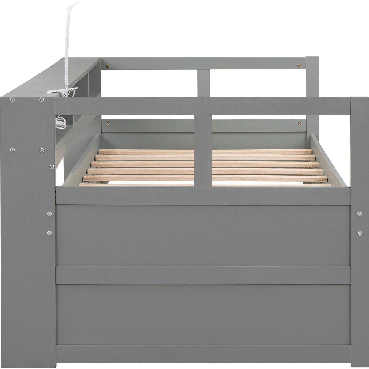 Twin XL Wood Daybed with 2 Trundles, 3 Storage Cubbies, 1 Light for Free and USB Charging Design, Gray