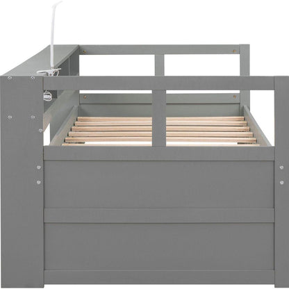 Twin XL Wood Daybed with 2 Trundles, 3 Storage Cubbies, 1 Light for Free and USB Charging Design, Gray
