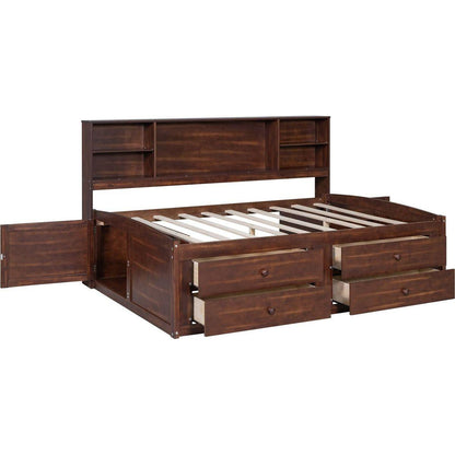 Full Size Wooden Captain Bed with Built-in Storage Shelves, 4 Drawers and 2 Cabinets, Antique Brown