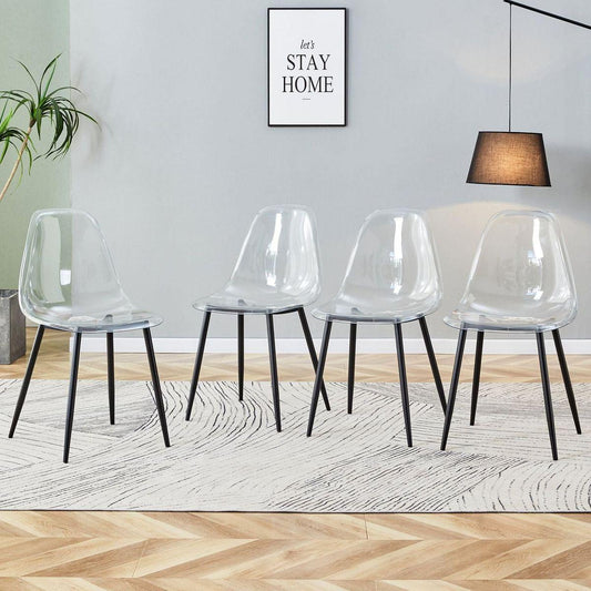 Modern minimalist transparent dining chair, plastic chair, armless crystal chair, Nordic creative makeup stool, negotiation chair, set of 4 pieces, black metal legs