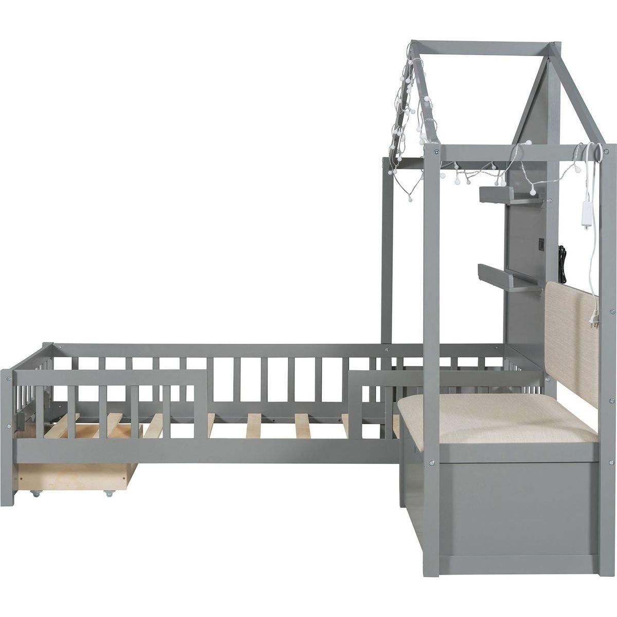 Twin Size House Bed with Upholstered Sofa, House Bed with Charging Station, Wireless Charging, Shelves and Two Drawers, Gray