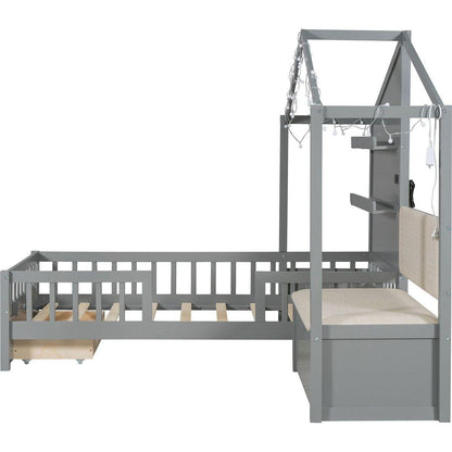 Twin Size House Bed with Upholstered Sofa, House Bed with Charging Station, Wireless Charging, Shelves and Two Drawers, Gray