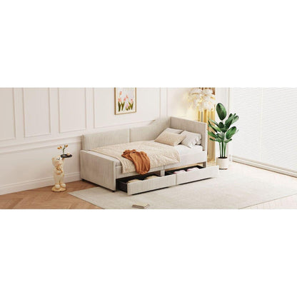Twin Size L-Shaped Corduroy Daybed,Upholstered Bed Frame with 2 Storage Drawers, Beige