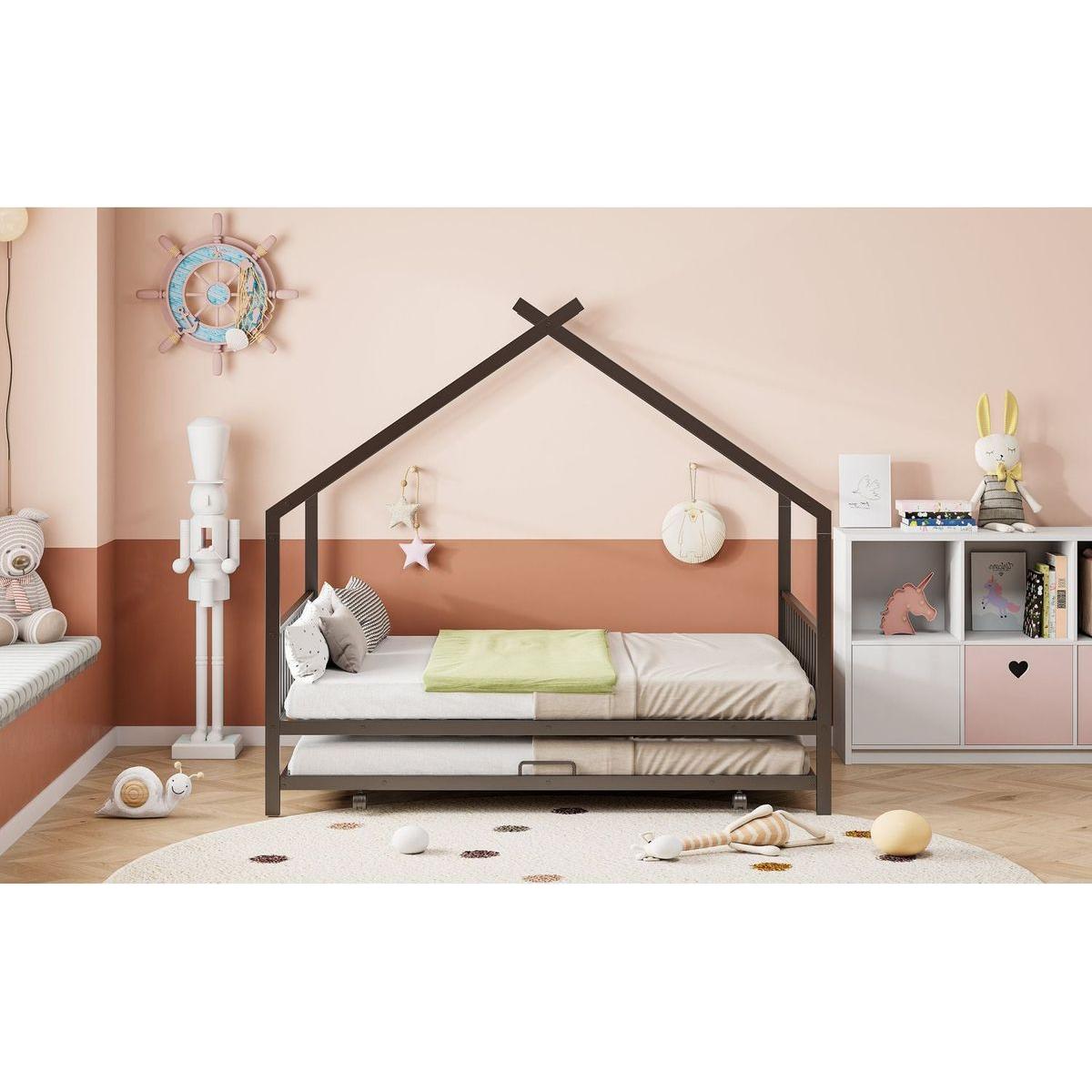 Full Size Metal House Bed with Twin Size Trundle, Black