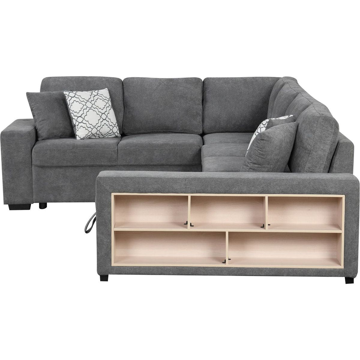 109" U-shaped Sectional Sofa Pull-out Sofa Bed with Two USB Ports, a Storage Chaise Lounge and Four Back Pillows for Living Room, Grey