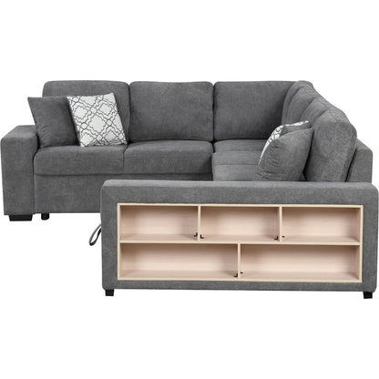 109" U-shaped Sectional Sofa Pull-out Sofa Bed with Two USB Ports, a Storage Chaise Lounge and Four Back Pillows for Living Room, Grey