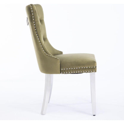 Nikki Collection Modern, High-end Tufted Solid Wood Contemporary Velvet Upholstered Dining Chair with Chrome Stainless Steel Plating Legs,Nailhead Trim,Set of 2,Olive-Green and Chrome