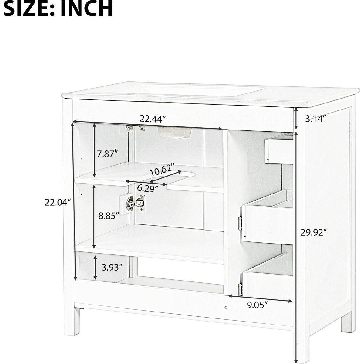 36" Bathroom Vanity with Sink Top, Bathroom Vanity Cabinet with Two Doors and Two Drawers, Solid Wood, Open shelf, MDF Boards, One Package, White