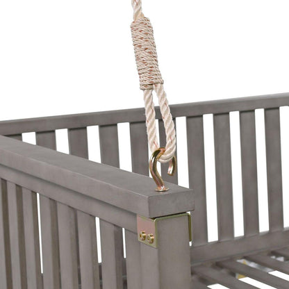 Patio Minimalist Twin Size Garden Swing Bed Wood Porch Swing with Ropes for Backyard, Safe Sloped Design, Gray