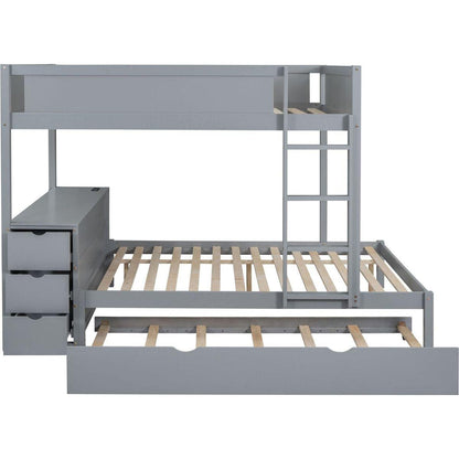 Full-Over-Full Bunk Bed with Twin size Trundle, Storage and Desk, Gray