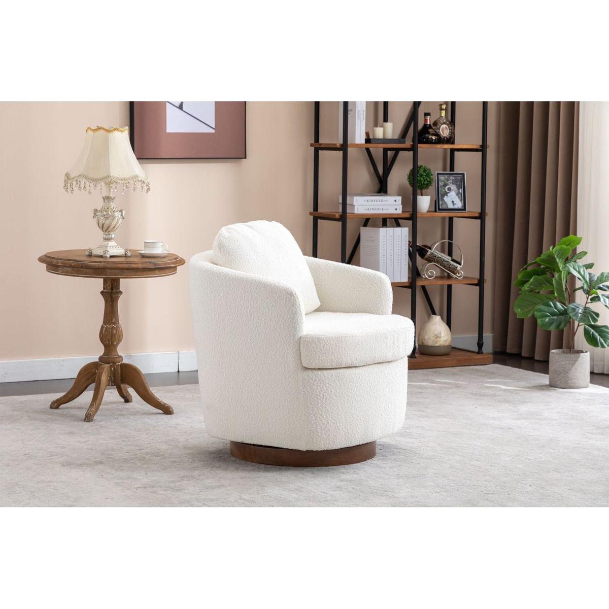 Boucle Fabric Swivel Accent Chair With Soild Wood Round Brown Base Leg,Ivory