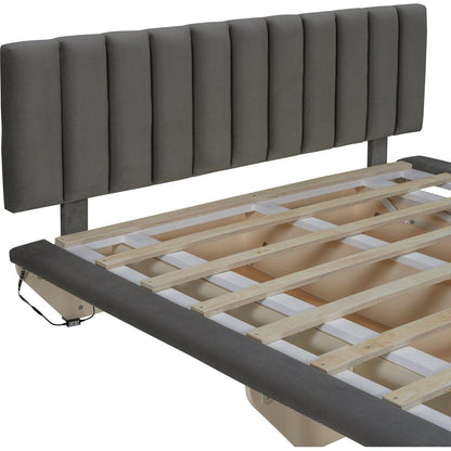 Queen Size Upholstered Floating Bed with LED Light and USB Port, Velvet, Gray, Hydrualic Platform Bed