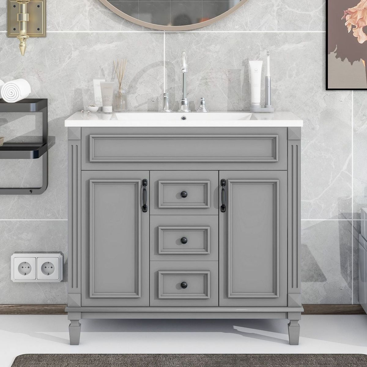 36" Bathroom Vanity with Top Sink, Modern Bathroom Storage Cabinet with 2 Soft Closing Doors and 2 Drawers, Single Sink Bathroom Vanity