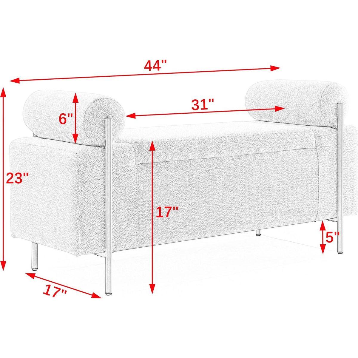 Elegant Upholstered Linen Storage Bench with Cylindrical Arms and Iron Legs for Hallway Living Room Bedroom, Beige