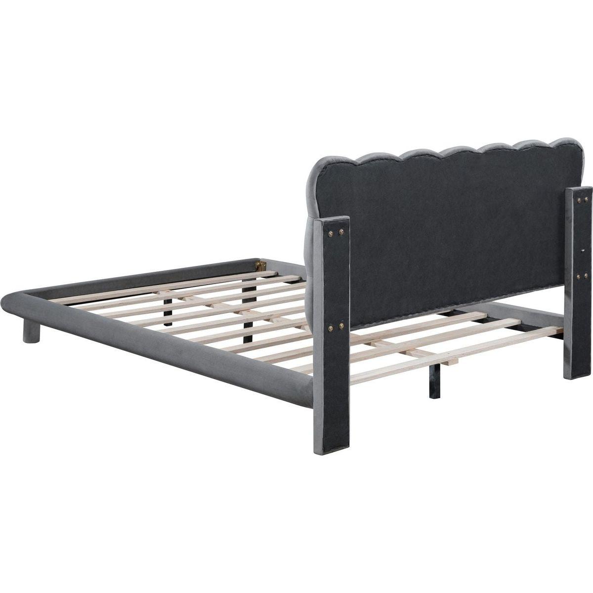 Full Size Velvet Platform Bed with LED Frame, Thick & Soft Fabric and Button-tufted Design Headboard, Gray