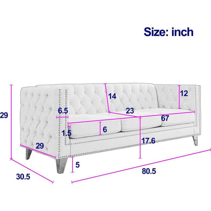 Velvet Sofa for Living Room,Buttons Tufted Square Arm Couch, Modern Couch Upholstered Button and Metal Legs, Sofa Couch for Bedroom, Grey Velvet .2PCS