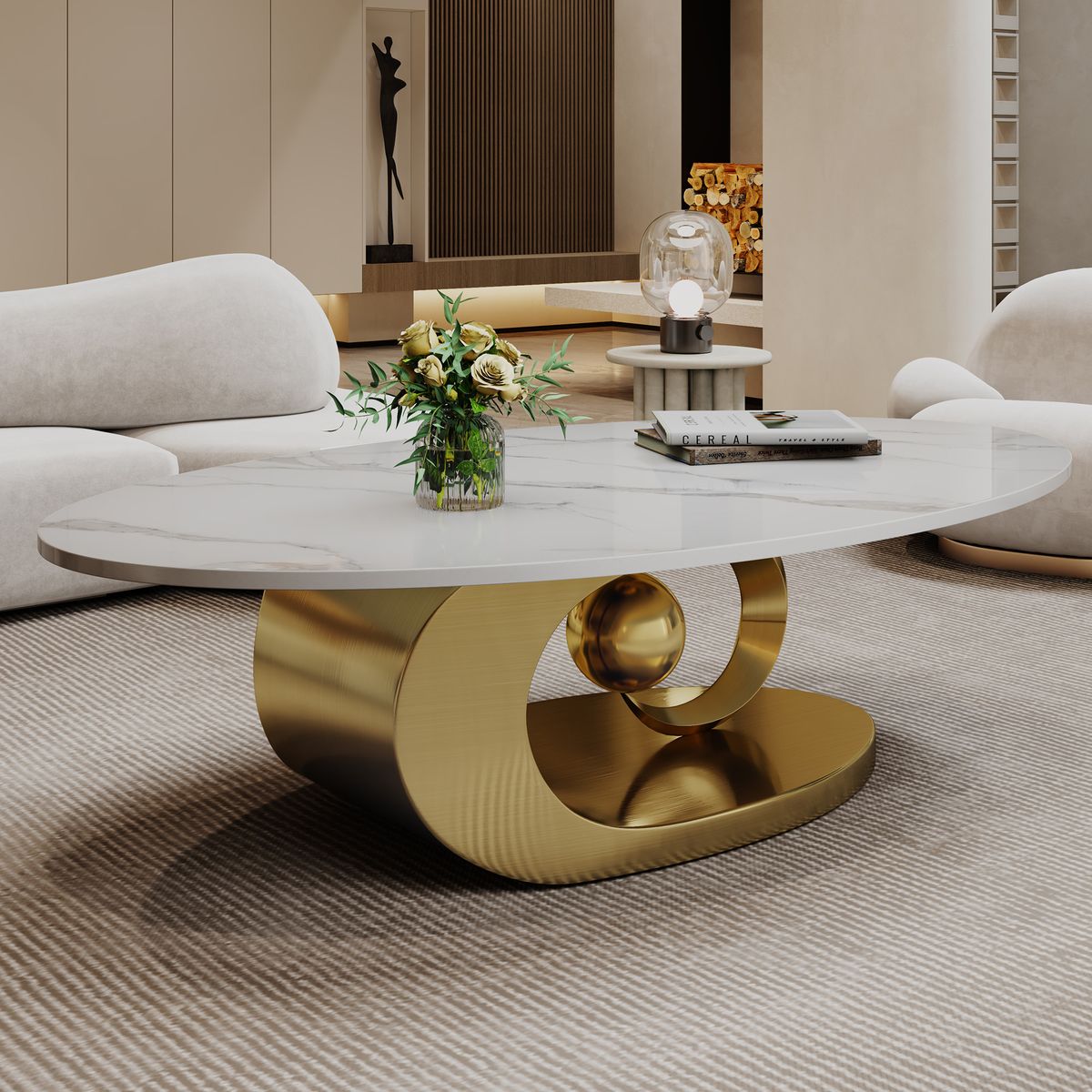 Marble Coffee Table with Sculptural Stainless Steel Base