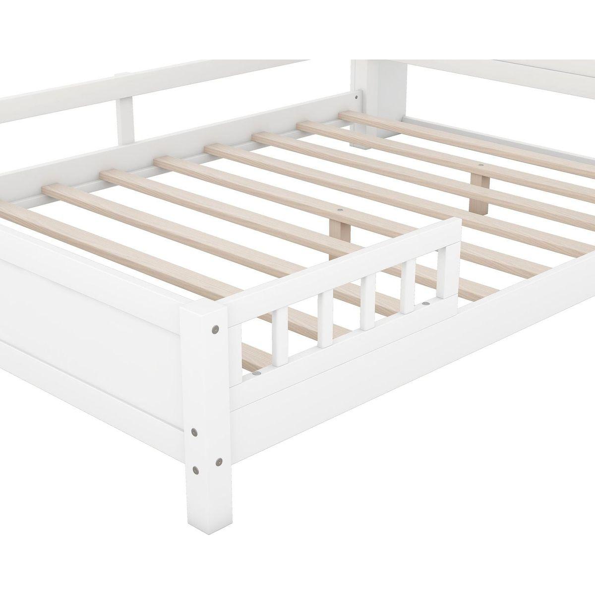 Wood Full Size Platform Bed with Built-in LED Light, Storage Headboard and Guardrail, White
