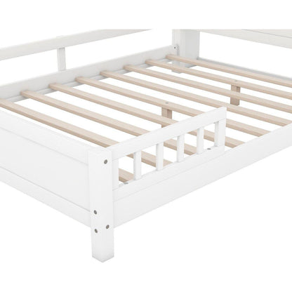 Wood Full Size Platform Bed with Built-in LED Light, Storage Headboard and Guardrail, White