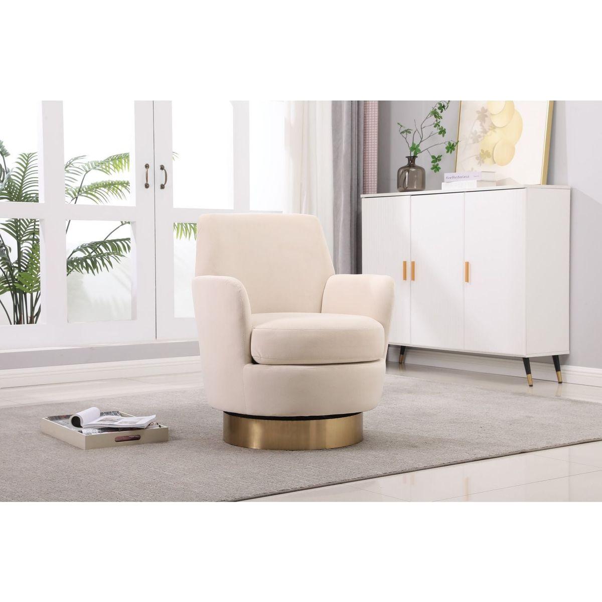 Velvet Swivel Barrel Chair, Swivel Accent Chairs Armchair for Living Room, Reading Chairs for Bedroom Comfy, Round Barrel Chairs with Gold Stainless Steel Base (Beige)