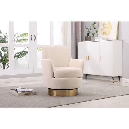 Velvet Swivel Barrel Chair, Swivel Accent Chairs Armchair for Living Room, Reading Chairs for Bedroom Comfy, Round Barrel Chairs with Gold Stainless Steel Base (Beige)