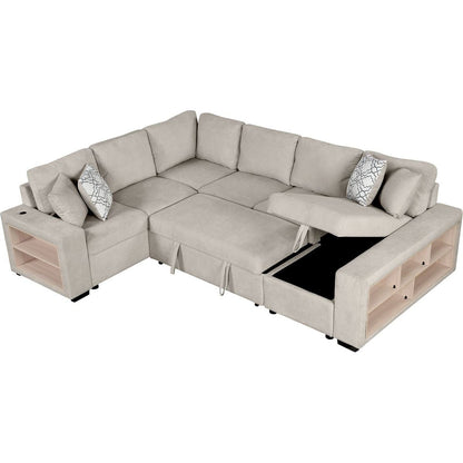 109" U-shaped Sectional Sofa Pull-out Sofa Bed with Two USB Ports, a Storage Chaise Lounge and Four Back Pillows for Living Room, Beige