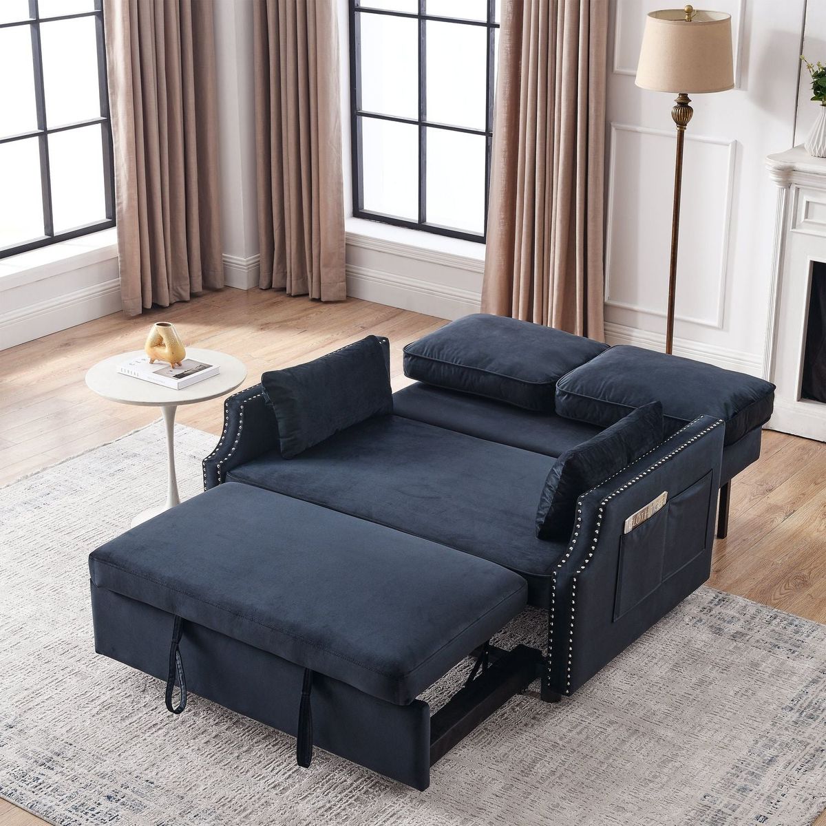 50" Velvet Upholstered Sleeper Sofa bed with Side Storage Pockets, Nailhead Design, 2-Seater Sofa with 2 Pillows and removeable Backrest Pull-out Sofa Bed for Small Spaces in Living Rooms