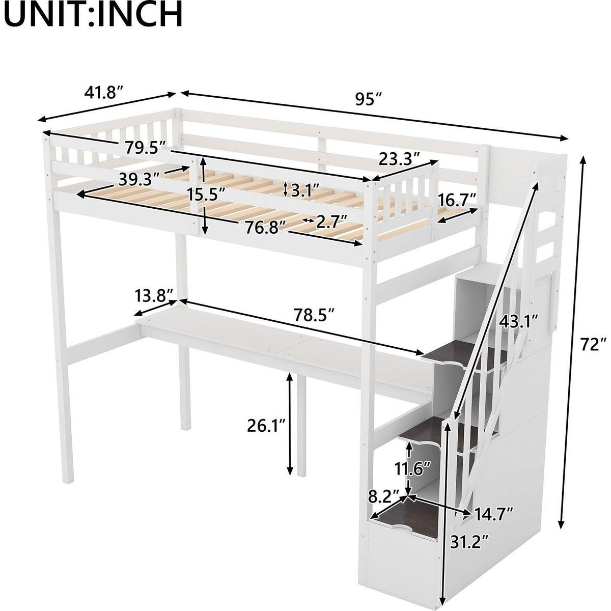 Twin Size Loft Bed with Storage Staircase and Built-in Desk, White