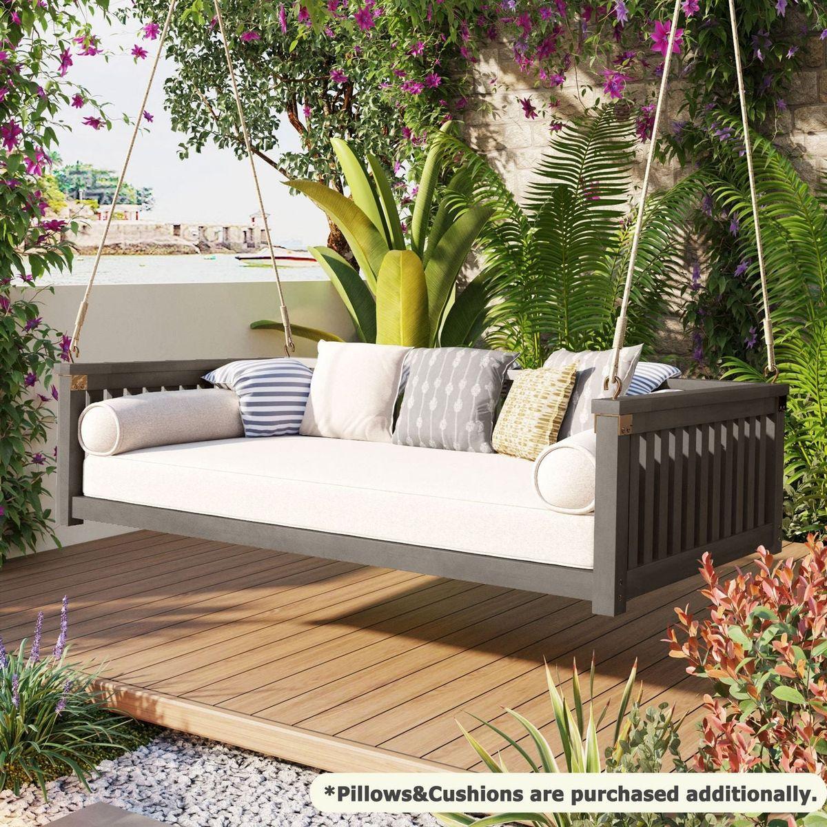 Patio Minimalist Twin Size Garden Swing Bed Wood Porch Swing with Ropes for Backyard, Safe Sloped Design, Gray