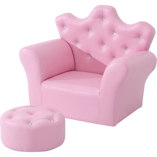 Kids Sofa Set, Children's Upholstered Sofa with Footstool, Princess Sofa with Diamond Decorations, Baby Sofa Chair for Toddlers, Girls, Pink