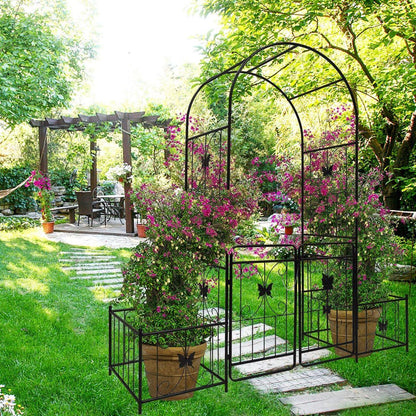 Metal Garden Arch with Gate 79.5" Wide x 86.6" High Climbing Plants Support Rose Arch Outdoor Black