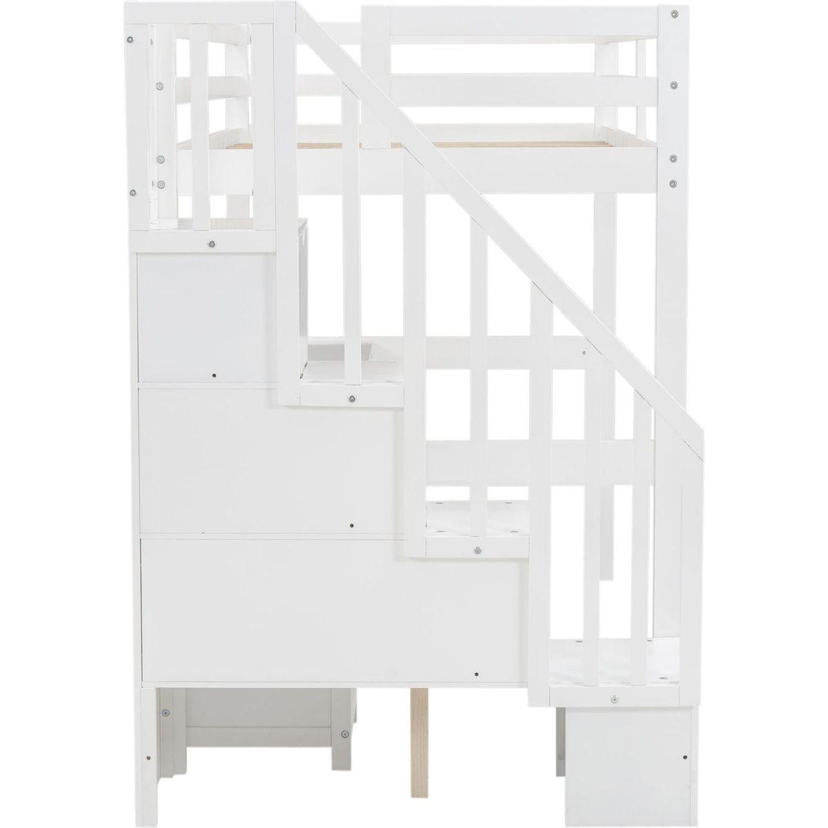 Twin Size Loft Bed Frame with Built-in Desk and Double Storage Drawers,White