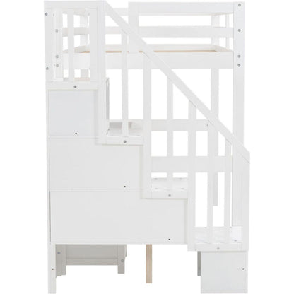 Twin Size Loft Bed Frame with Built-in Desk and Double Storage Drawers,White
