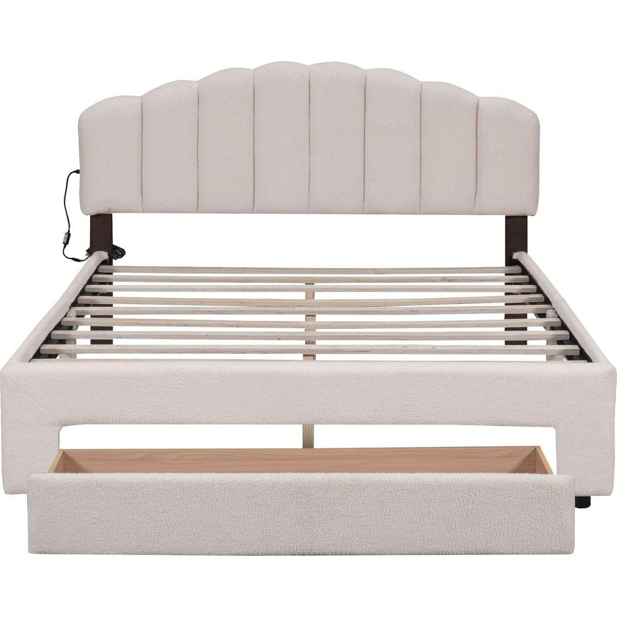 Teddy Fleece Queen Size Upholstered Platform Bed with Drawer, Beige