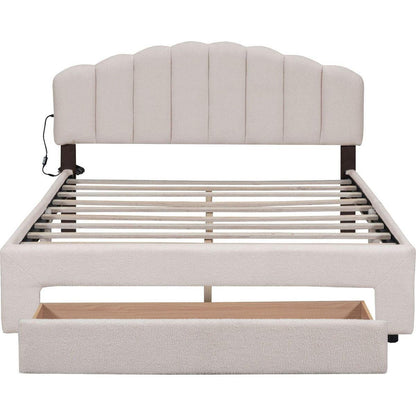 Teddy Fleece Queen Size Upholstered Platform Bed with Drawer, Beige