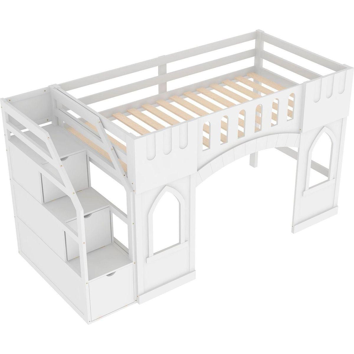 Twin Size Loft Bed with Storage Staircase and Window, White
