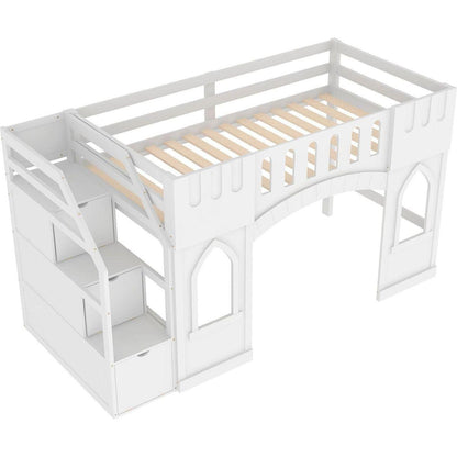 Twin Size Loft Bed with Storage Staircase and Window, White