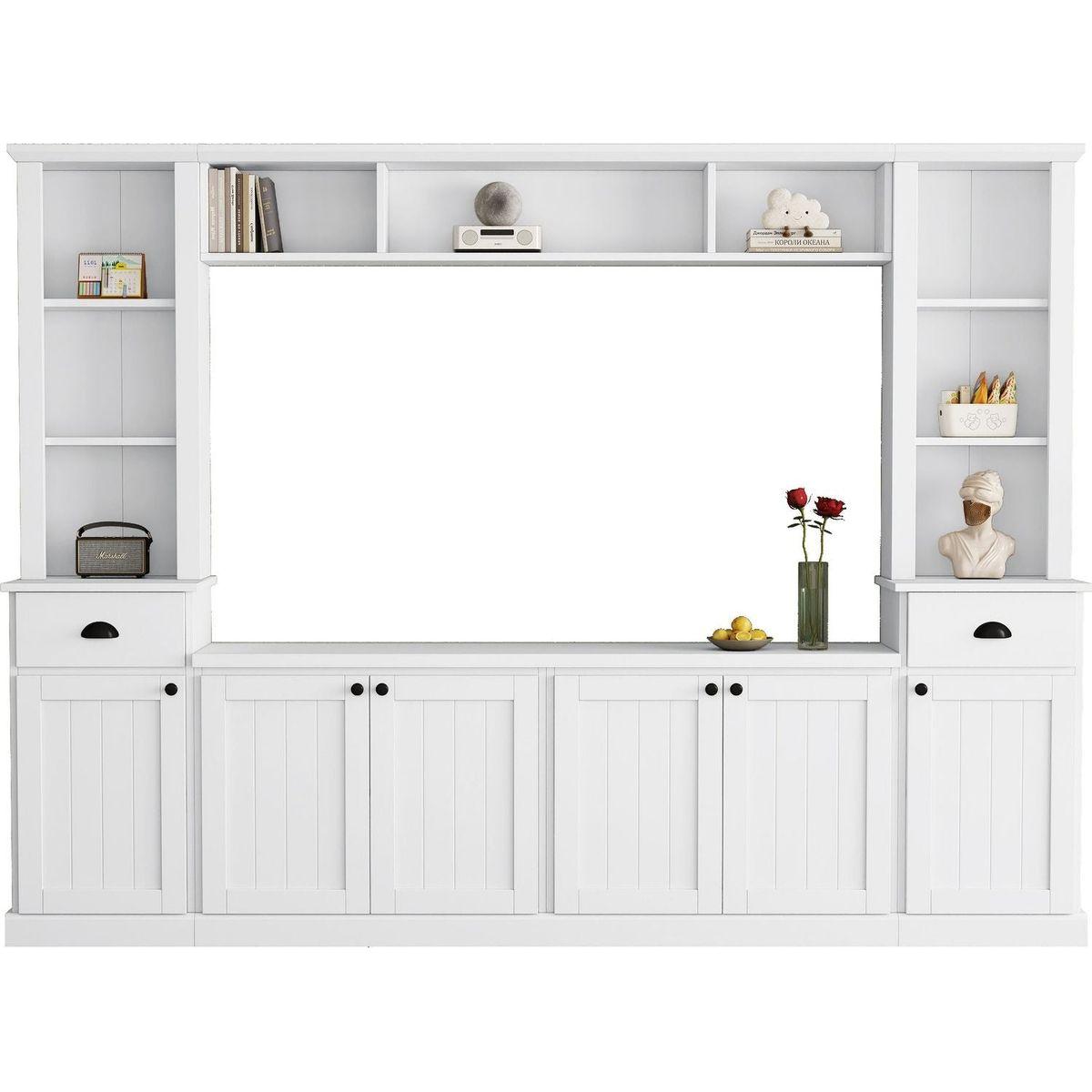Minimalist Entertainment Wall Unit Set with Bridge for TVs Up to 75", Ample Storage Space TV Stand with Adjustable Shelves, Modernist Large Media Console for Living Room, White