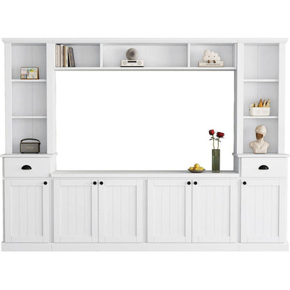 Minimalist Entertainment Wall Unit Set with Bridge for TVs Up to 75", Ample Storage Space TV Stand with Adjustable Shelves, Modernist Large Media Console for Living Room, White