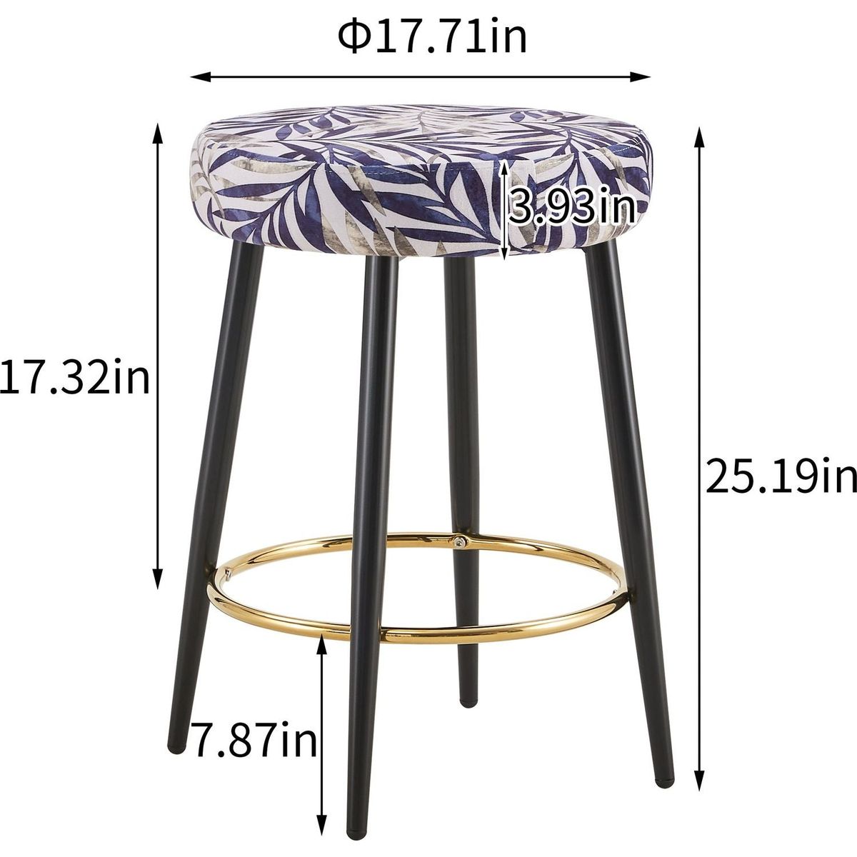 Counter Height Bar Stools Set of 2, PU Kitchen Stools Upholstered Dining Chair Stools 24 Inches Height with Golden Footrest for Kitchen Island Coffee Shop Bar Home Balcony silver leaves velvet