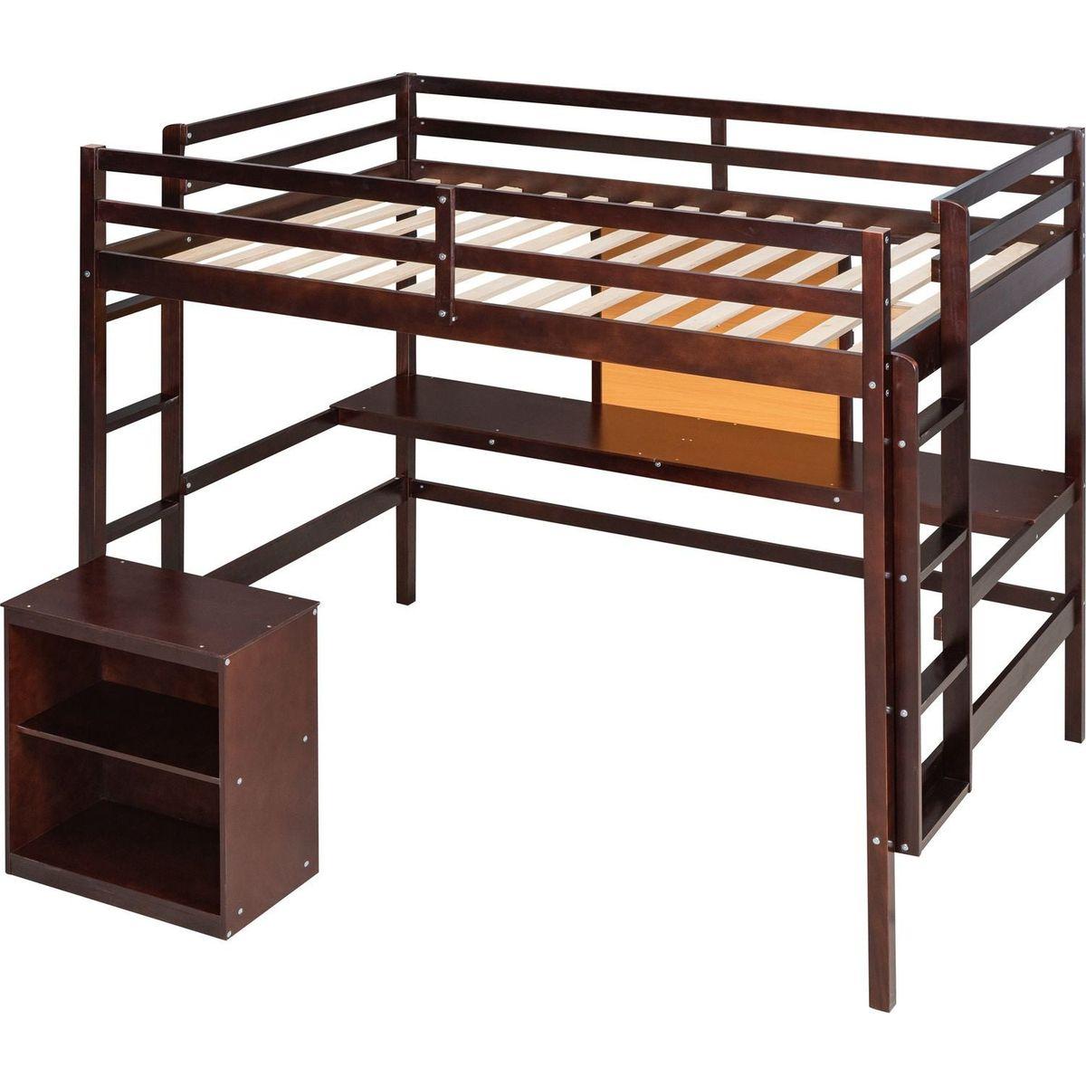 Twin size Loft Bed with Desk and Writing Board, Wooden Loft Bed with Desk & 2 Drawers Cabinet- Espresso