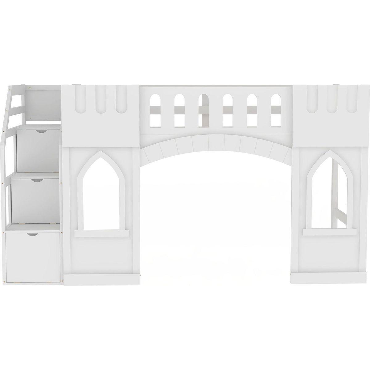 Twin Size Loft Bed with Storage Staircase and Window, White