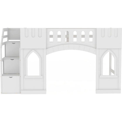 Twin Size Loft Bed with Storage Staircase and Window, White