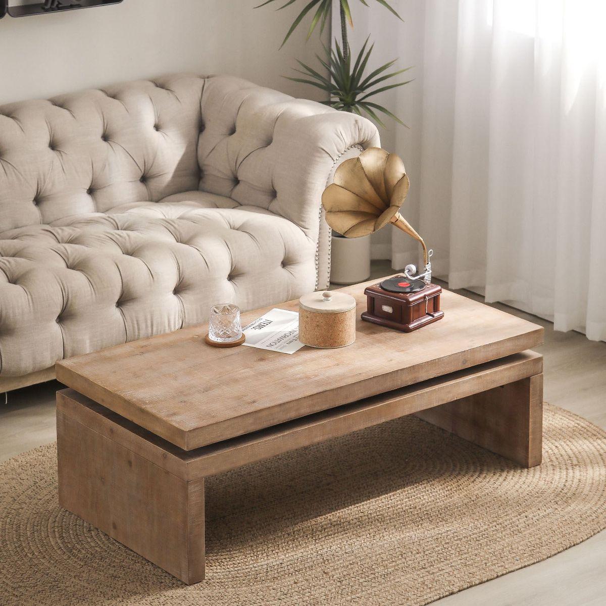 Natural Wood Living Room Table Versatile Coffee Table 2-Tiered Wood Tabletop Table 47.6" L * 23.6" W * 16.3" H