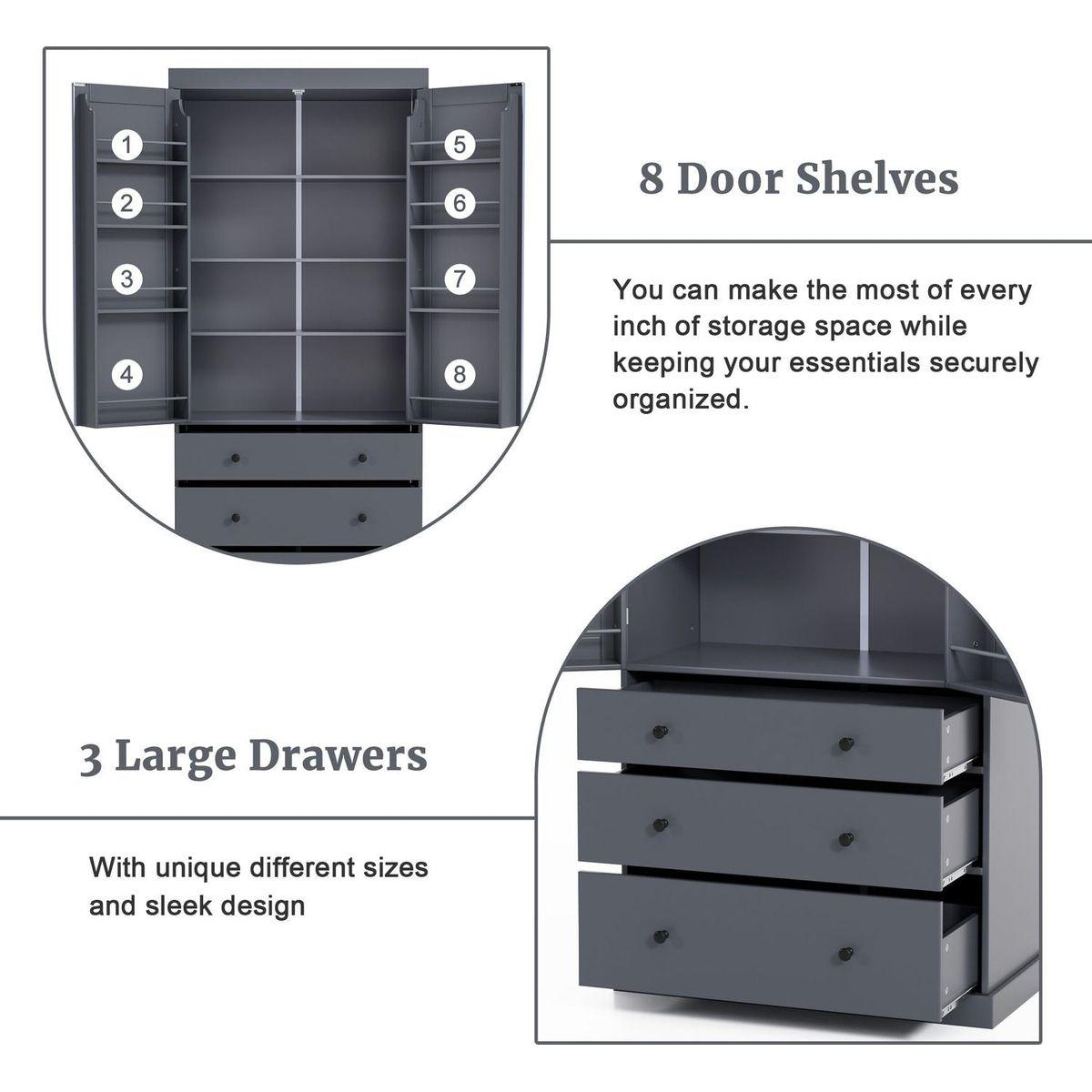 [Assembly Video Provided]77inch Farmhouse Kitchen Pantry, Freestanding Tall Cupboard Storage Cabinet with 3 Adjustable Shelves, 8 Door Shelves, 3 Drawers for Kitchen, Dining Room, Gray