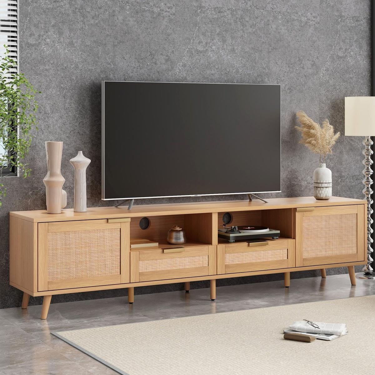 Rattan TV Stand for TVs up to 85", Modern Farmhouse Media Console, Entertainment Center with Solid Wood Legs, TV Cabinet for Living Room,Home Theatre