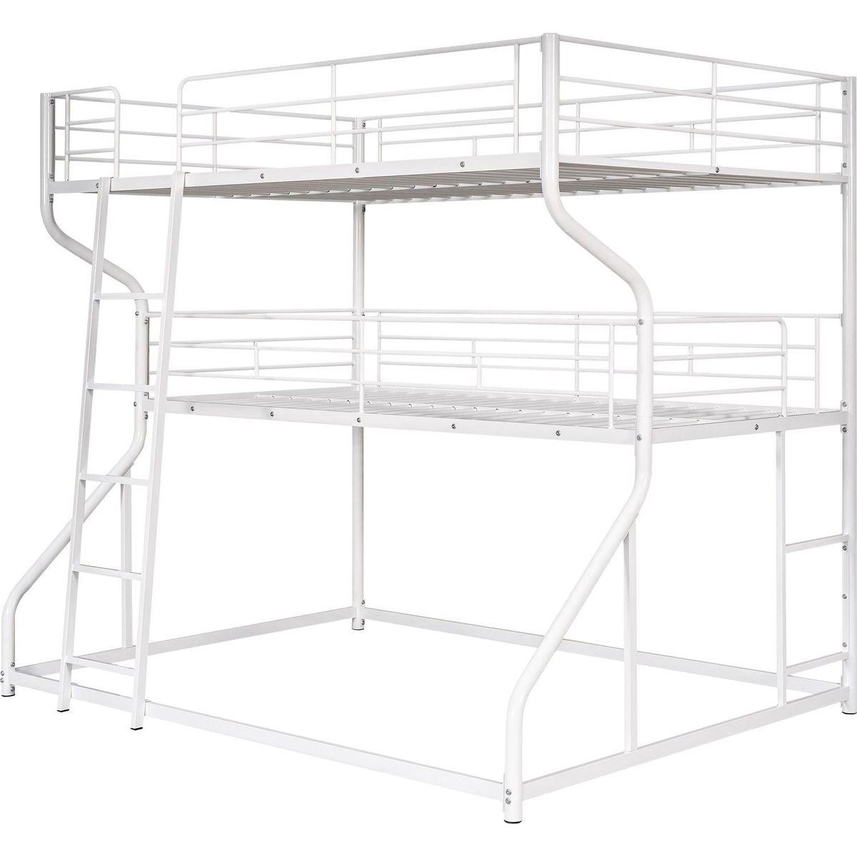 Full XL over Twin XL over Queen Size Triple Bunk Bed with Long and Short Ladder,White